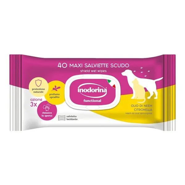 Inodorina Salviette Detergenti Scudo per Cani e Gatti – 40 Salviette Igienizzanti Protettive