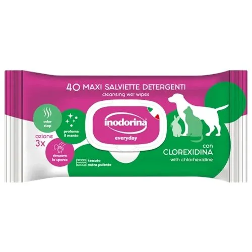 Inodorina Everyday Salviette Detergenti alla Clorexidina per Cani e Gatti – 40 Salviette Igienizzanti