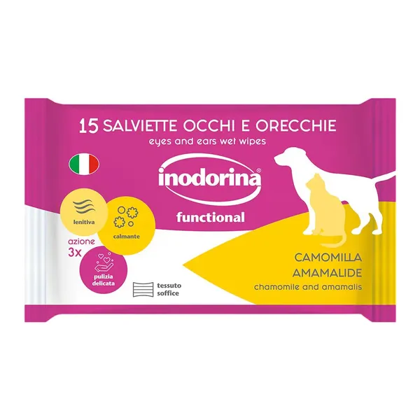 Inodorina Salviette Detergenti per Occhi e Orecchie di Cani e Gatti – 15 Salviette Igienizzanti