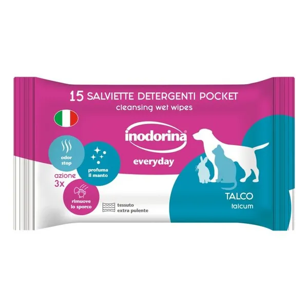 Inodorina Pocket Salviette Detergenti al Talco per Cani e Gatti – 15 Salviette Igienizzanti