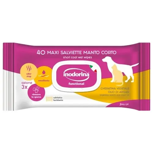 Inodorina Salviette Detergenti per Manto Corto al Gelsomino per Cani e Gatti – 40 Salviette Igienizzanti