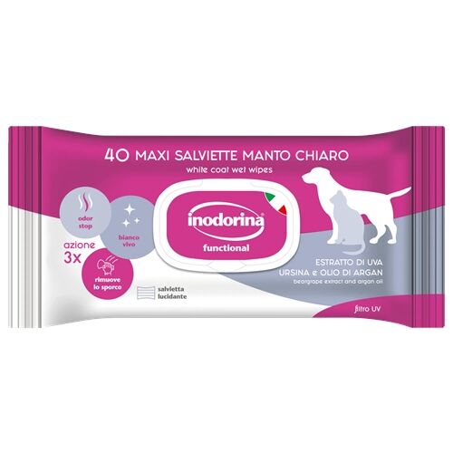 Inodorina Salviette Detergenti per Manto Chiaro ai Fiori di Tiarè per Cani e Gatti – 40 Salviette Igienizzanti