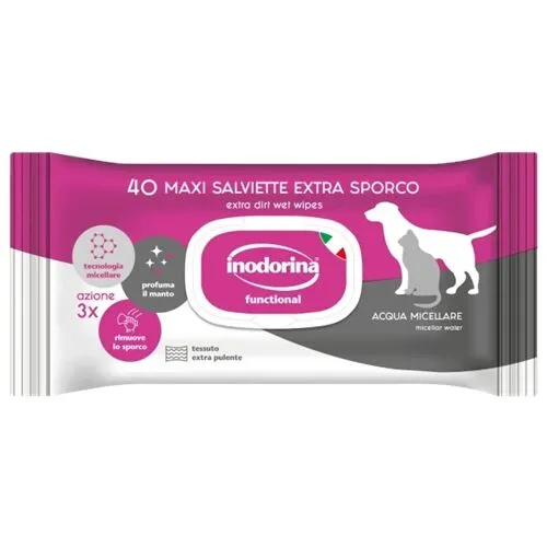 Inodorina Salviette Detergenti Extra Sporco con Acqua Micellare per Cani e Gatti – 40 Salviette Igienizzanti