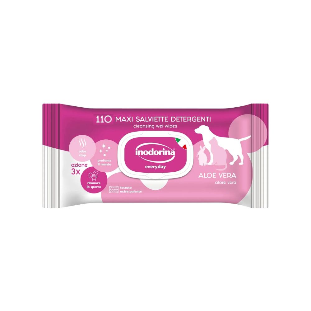Inodorina Everyday Salviette Detergenti all'Aloe Vera per Cani e Gatti – 110 Salviette Igienizzanti