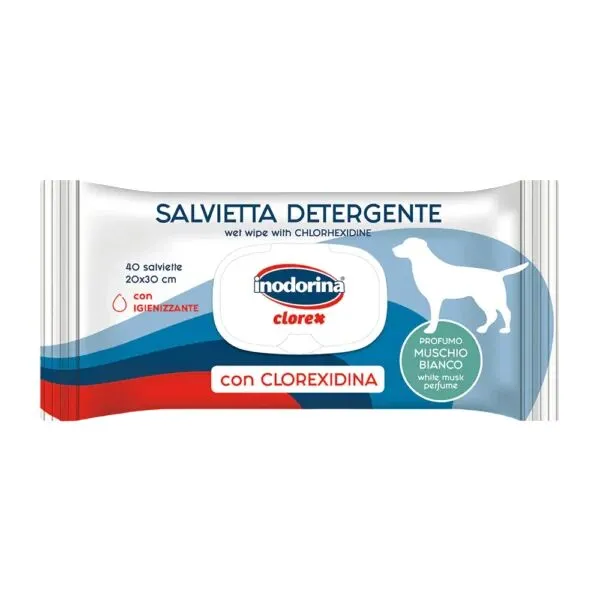 Inodorina Salviette Detergenti alla Clorexidina e Muschio Bianco per Cani e Gatti – 40 Salviette Igienizzanti