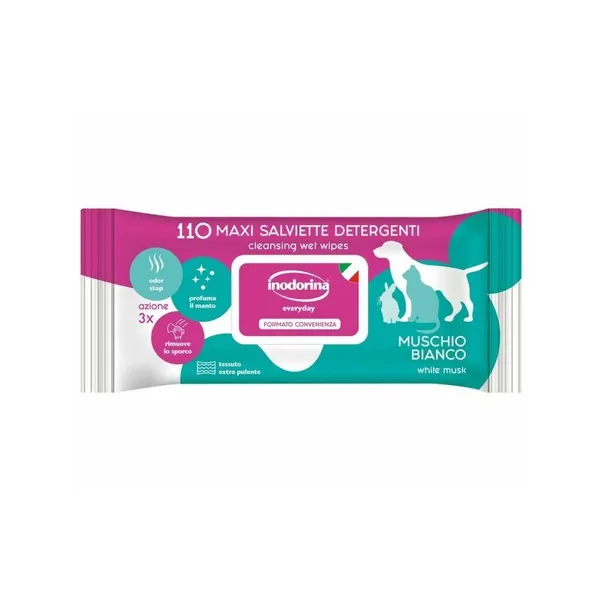 Inodorina Everyday Salviette Detergenti al Muschio Bianco per Cani e Gatti – 110 Salviette Igienizzanti