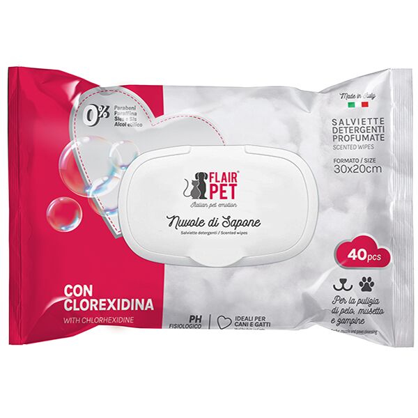 Flair Pet Salviette Detergenti Profumate per Cani e Gatti – 40 Salviette Igienizzanti Clorexidina