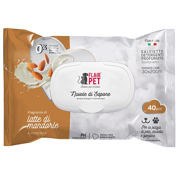 Flair Pet Salviette Detergenti Profumate per Cani e Gatti – 40 Salviette Igienizzanti Mandorle dolci