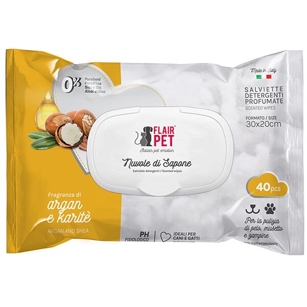 Flair Pet Salviette Detergenti Profumate per Cani e Gatti – 40 Salviette Igienizzanti Olio di argan e karitè