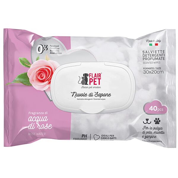 Flair Pet Salviette Detergenti Profumate per Cani e Gatti – 40 Salviette Igienizzanti Acqua di rose