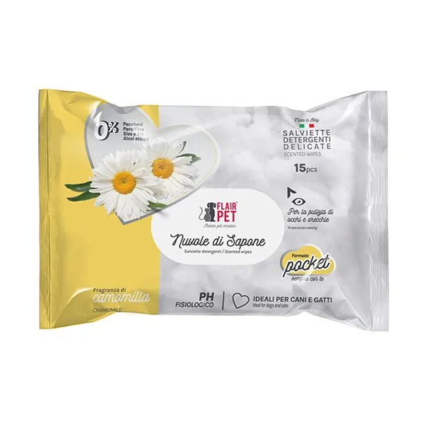 Flair Pet Salviette Detergenti Pocket alla Camomilla per Cani e Gatti – 15 Salviette Igienizzanti