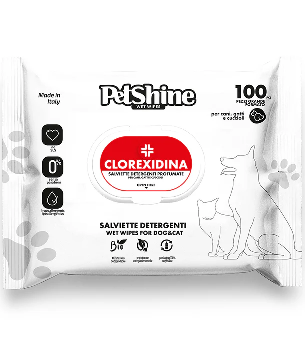 Pet Shine Salviette Detergenti per Cani e Gatti – 100 Salviette Igienizzanti per la Pulizia Quotidiana Clorexidina