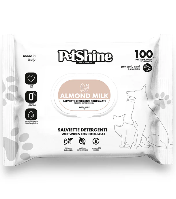 Pet Shine Salviette Detergenti per Cani e Gatti – 100 Salviette Igienizzanti per la Pulizia Quotidiana Latte di mandorla