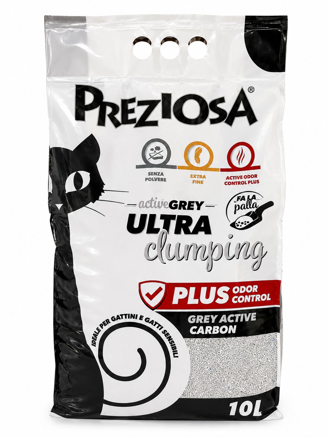 Preziosa Ultra Clumping Lettiera Agglomerante per Gatti 10lt Plus Carboni Attivi