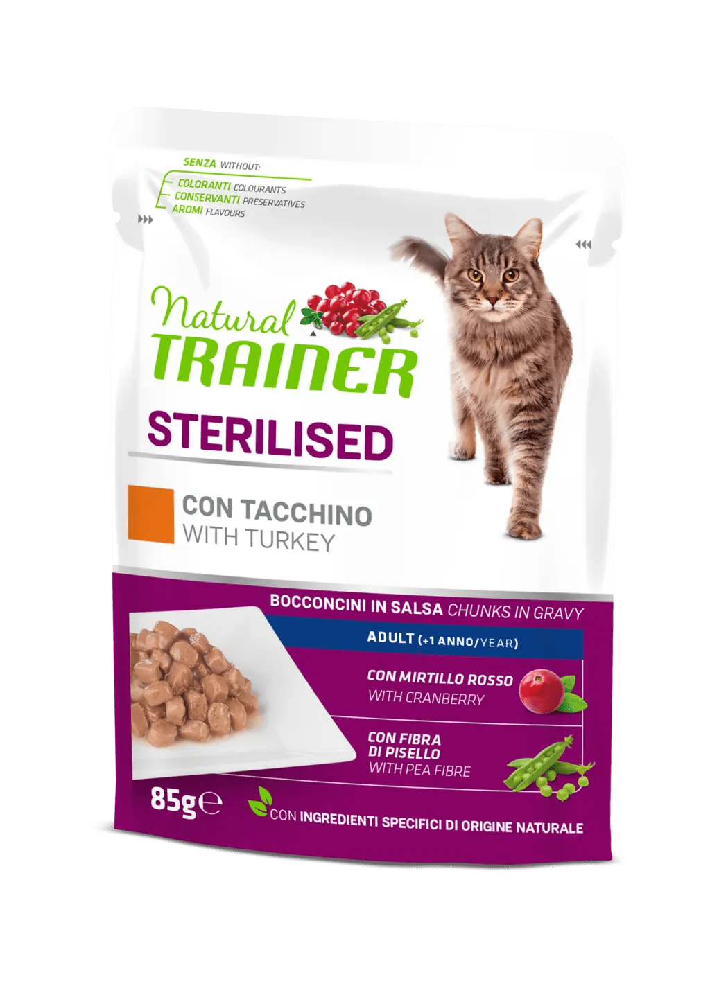 Natural Trainer Sterilised Adult Bocconcini in Salsa 85g Tacchino