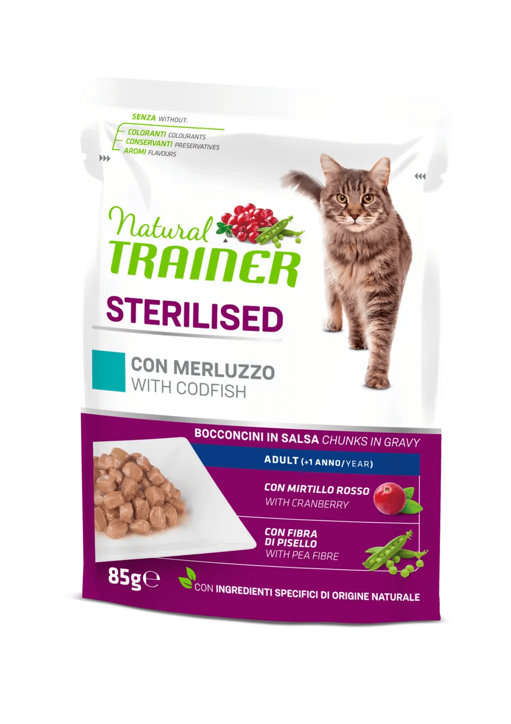 Natural Trainer Sterilised Adult Bocconcini in Salsa 85g Merluzzo