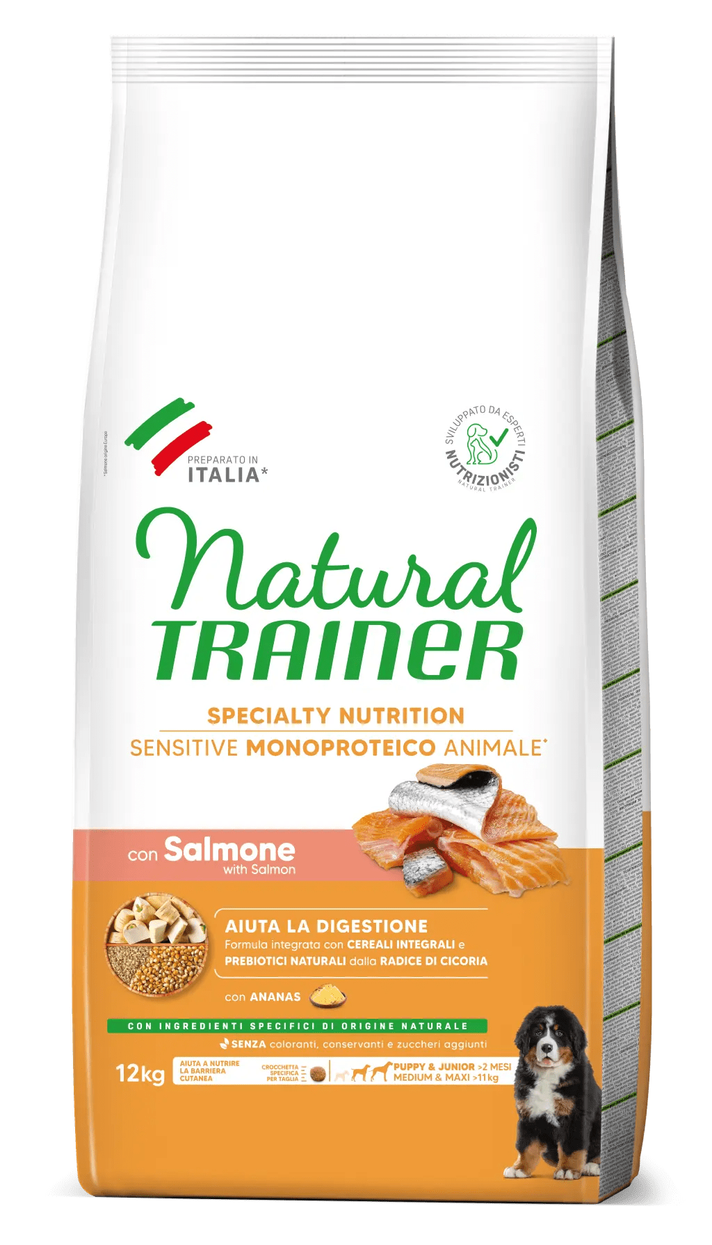 Trainer Sensitive Medium&Maxi Puppy&Junior No Gluten con Salmone e Cereali Integrali 12kg