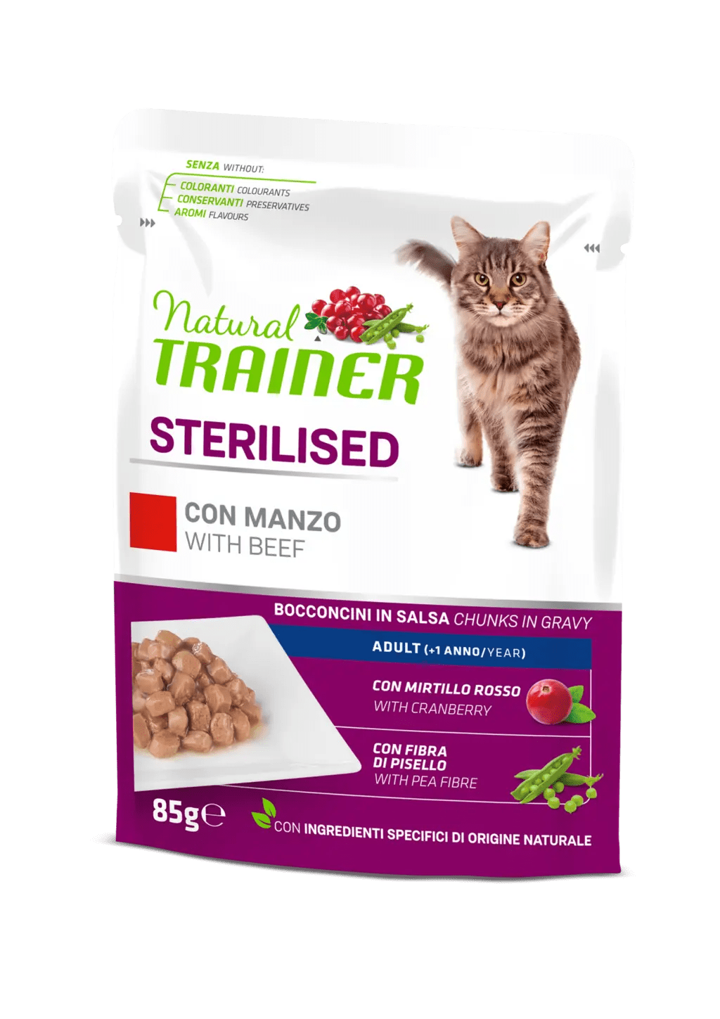 Natural Trainer Sterilised Adult Bocconcini in Salsa 85g Manzo