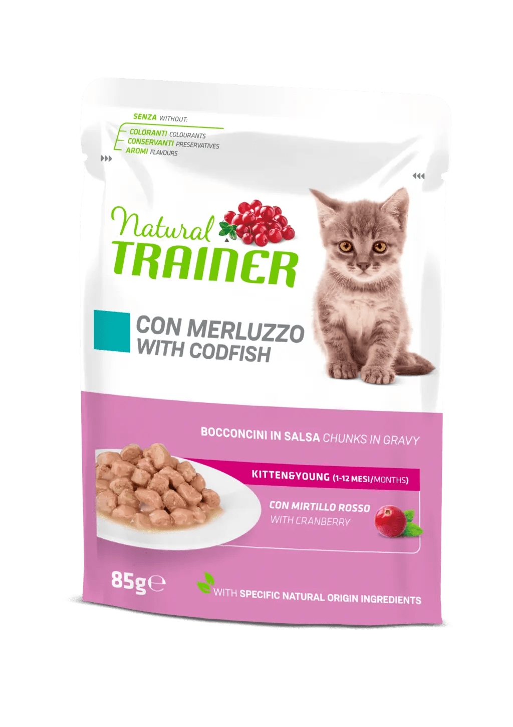 Natural Trainer Kitten&Young Bocconcini in Salsa 85g Merluzzo