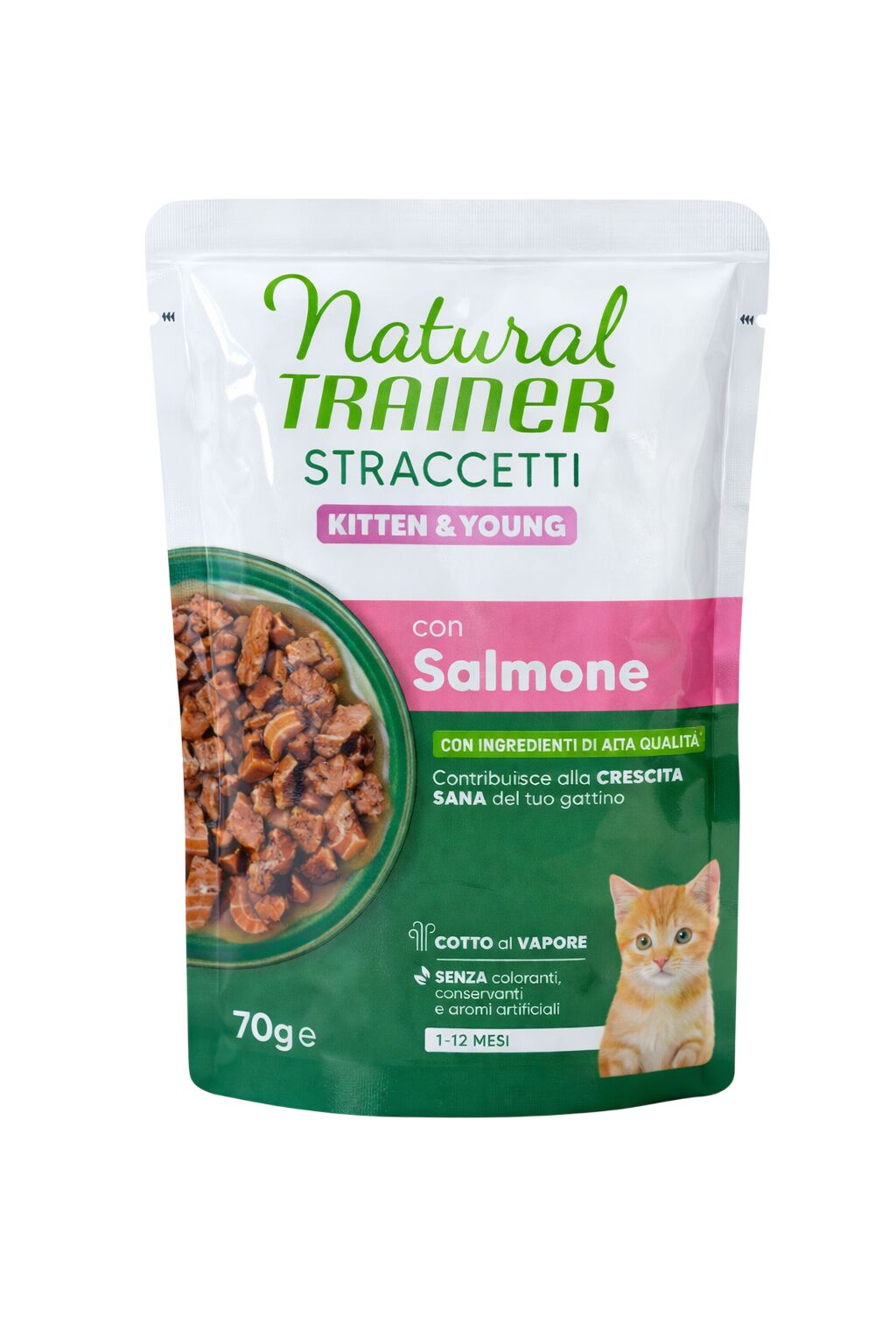Natural Trainer Straccetti Kitten & Young Salmone 70g