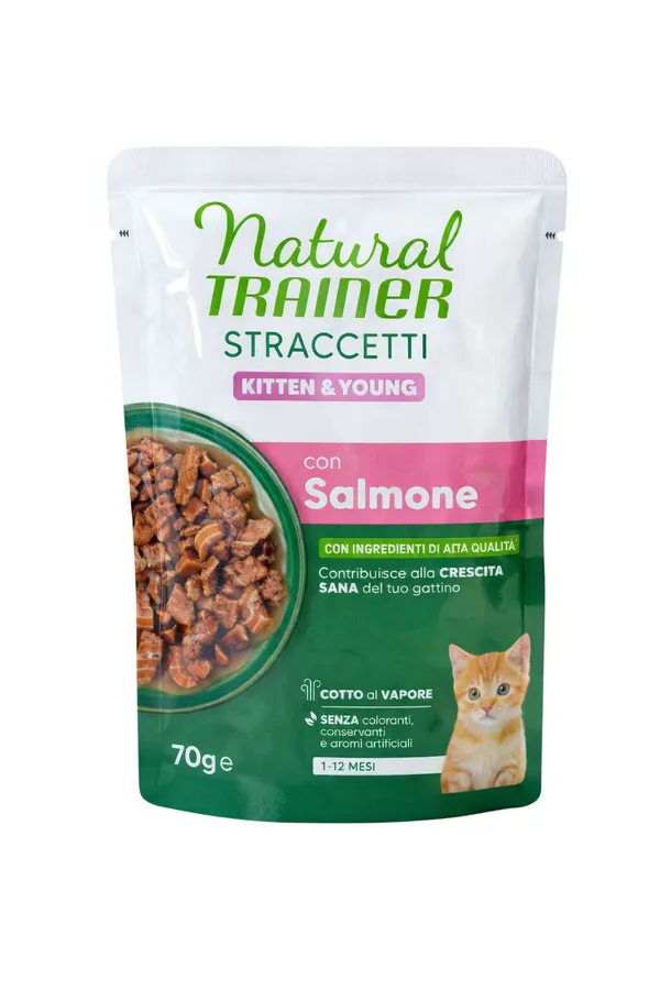Natural Trainer Straccetti Kitten & Young Salmone 70g