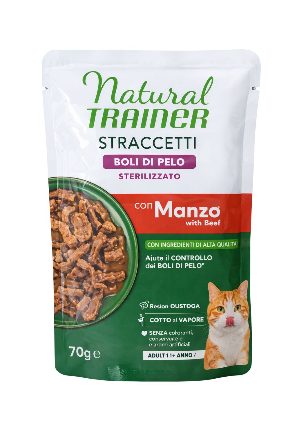 Natural Trainer Straccetti Sterilised Boli di Pelo Manzo 70g