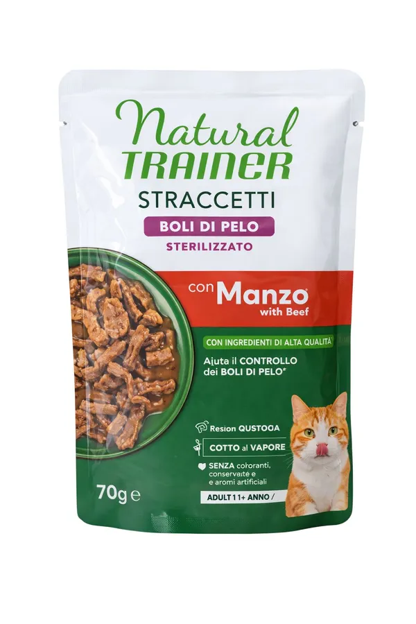 Natural Trainer Straccetti Sterilised Boli di Pelo Manzo 70g