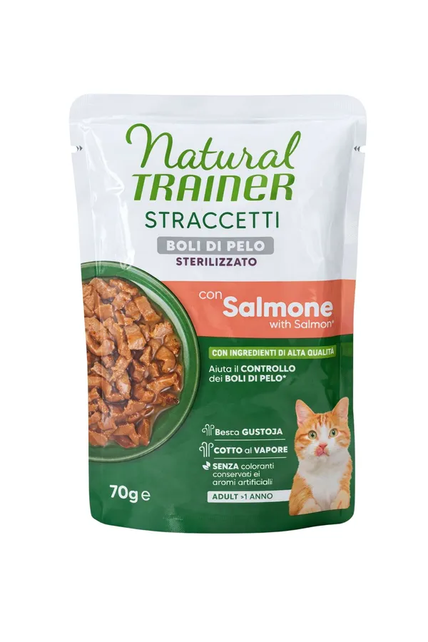 Natural Trainer Straccetti Sterilised Boli di Pelo Salmone 70g