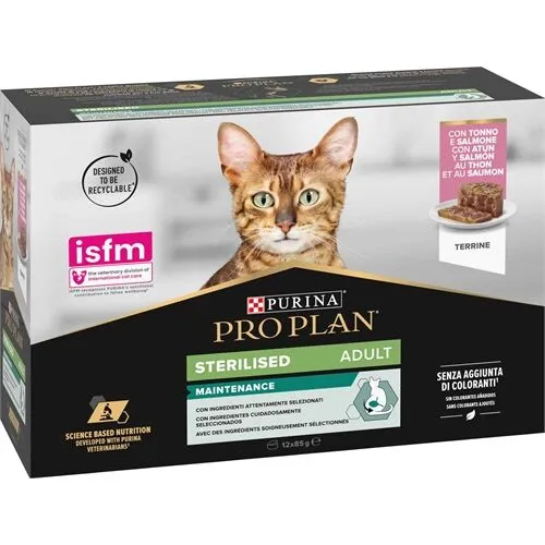 Purina ProPlan Adult Sterilised Paté Tonno e Salmone 12x85g – Alimento Umido Completo per Gatti Adulti Sterilizzati