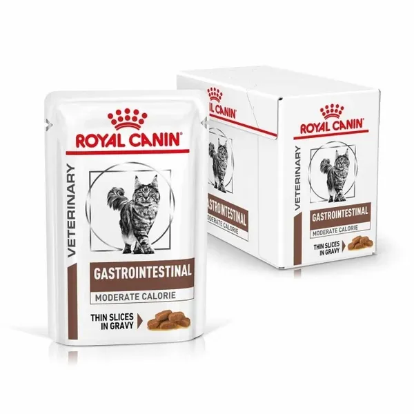 Royal Canin Gastrointestinal Moderate Calorie in Salsa 12x85g – Alimento Dietetico Completo per Gatti con Disturbi Digestivi e Tendenza al Sovrappeso