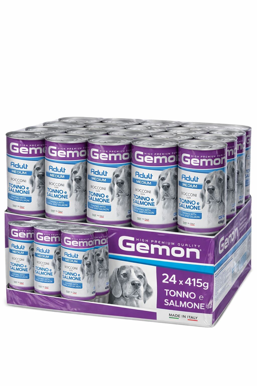 Gemon Medium Adult Bocconi con Tonno e Salmone per Cani Adulti di Taglia Media – Alimento Umido Completo 24x415g