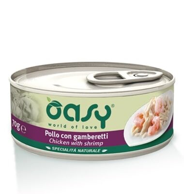Oasy Pollo con Gamberetti Lattina 70gr - Alimento Complementare per Gatti
