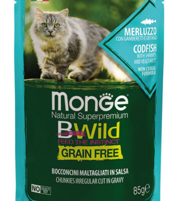 Monge BWild Adult Merluzzo, Gamberetti e Verdure 85gr - Cibo Umido per Gatti