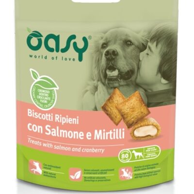 Oasy Biscotti Ripieni Salmone e Mirtilli 80g - Snack per Cani