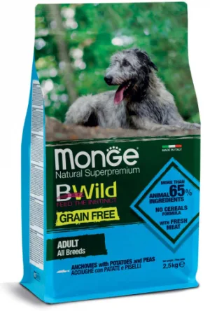 Monge bwild grain free mini adult acciughe, patate e piselli 2,5kg