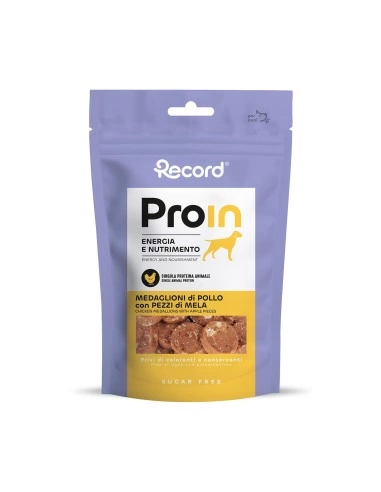 Record Snack Naturale ProIn Medaglioni di Pollo e Mela 75 g per Cani – Premio Morbido Ricco di Pollo